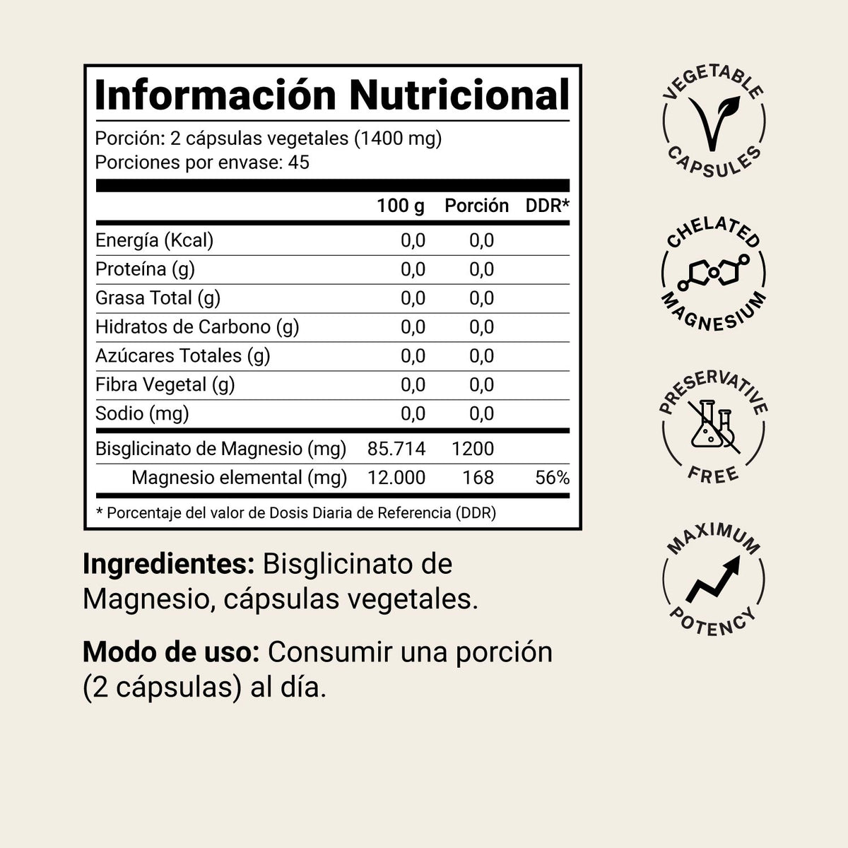 Información nutricional del bisglicinato de magnesio Native Choice: 1200 mg de bisglicinato y 168 mg de magnesio elemental por 2 cápsulas.