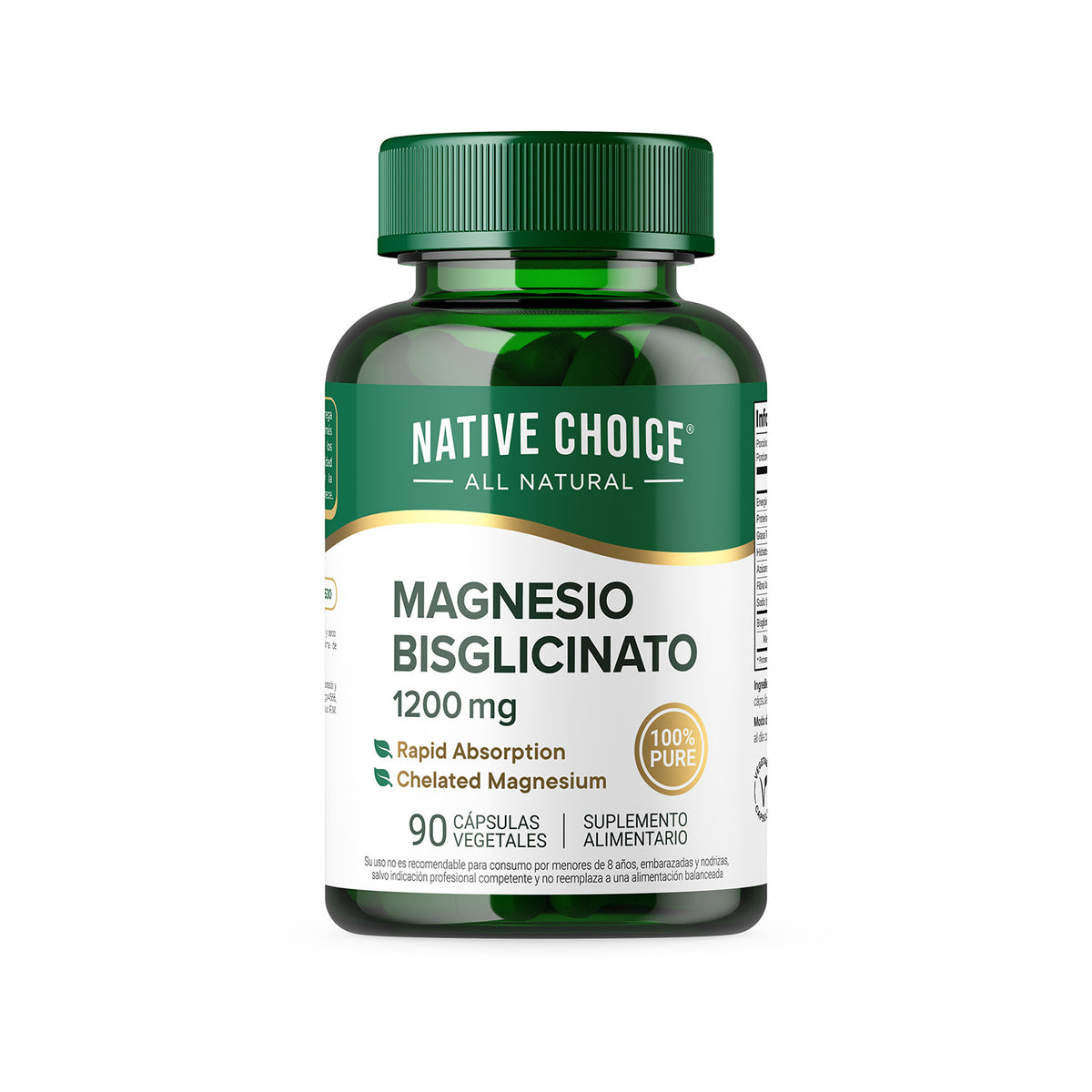 Frasco de bisglicinato de magnesio Native Choice 1200 mg, 90 cápsulas vegetales, vista frontal.
