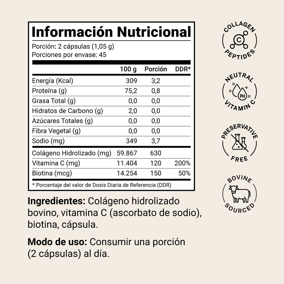 Información nutricional y modo de uso de Colágeno Native Choice