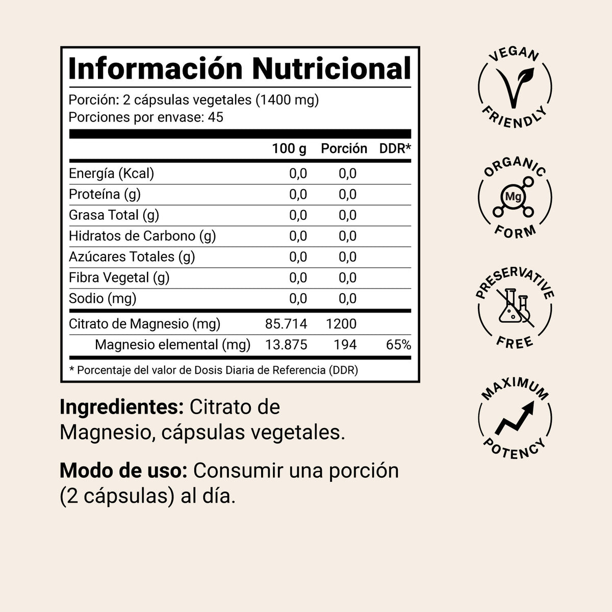 1200 mg de citrato y 194 mg de magnesio elemental por porción de 2 cápsulas