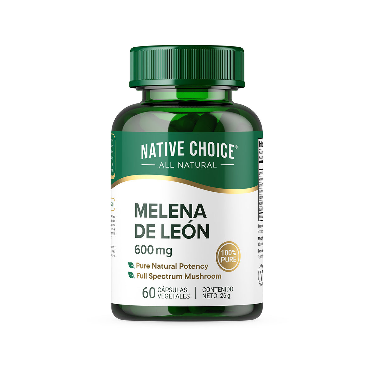 Melena de León Native Choice 600 mg, frasco de 60 cápsulas vegetales