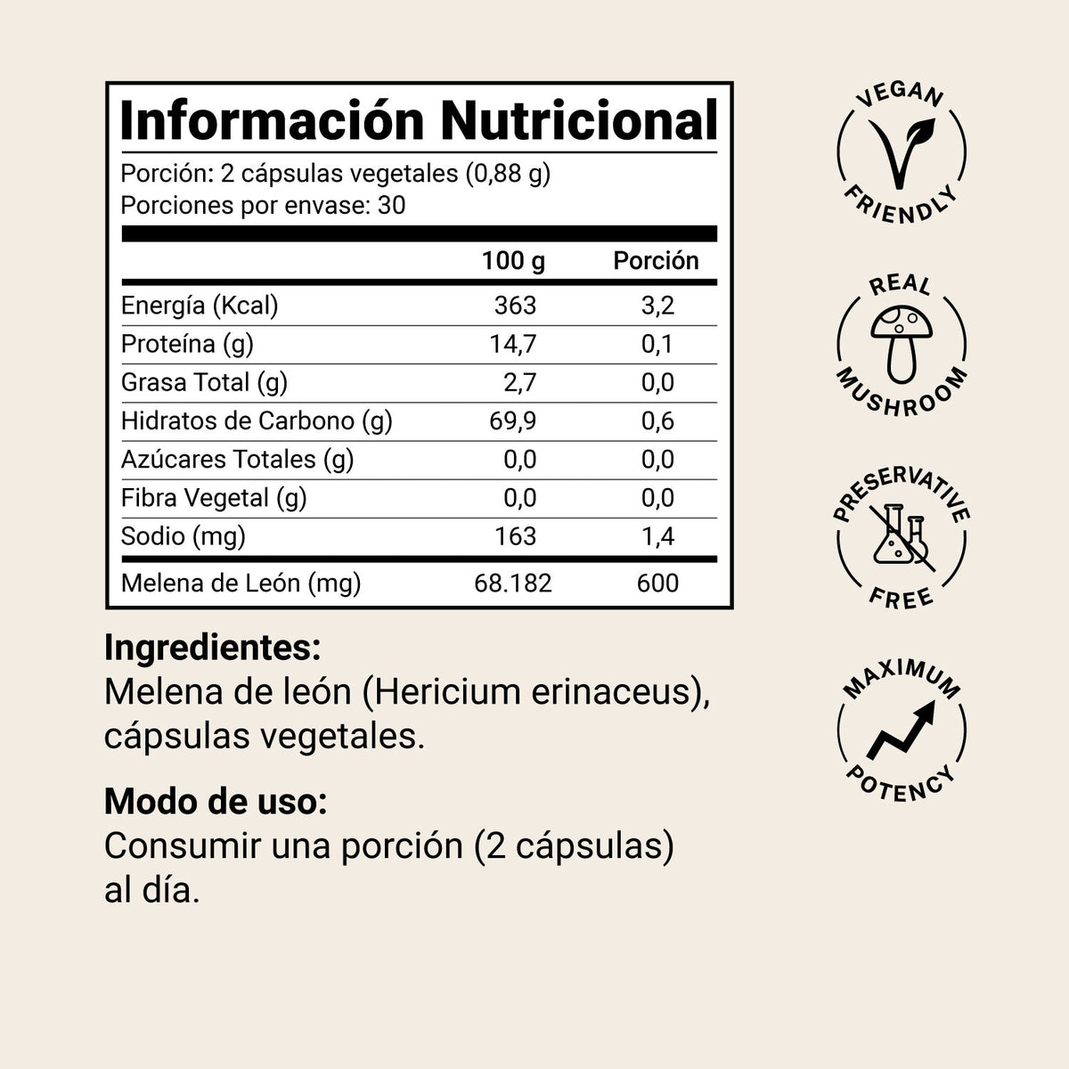 Melena de León Native Choice: información nutricional, ingredientes y modo de uso