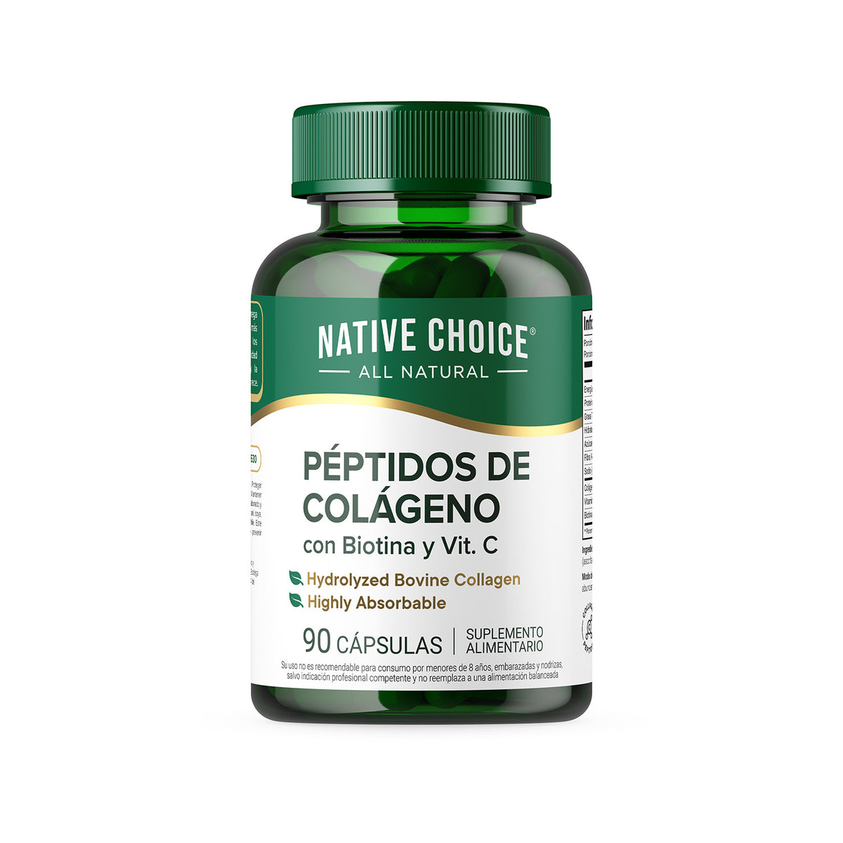 Péptidos de Colágeno Native Choice con biotina y vitamina C, frasco de 90 cápsulas