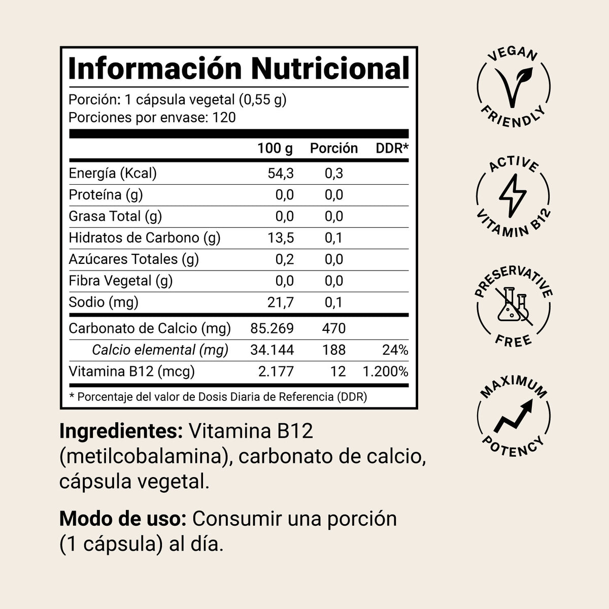 Vitamina B12 Native Choice: 12 mcg de B12 y 188 mg de calcio por cápsula