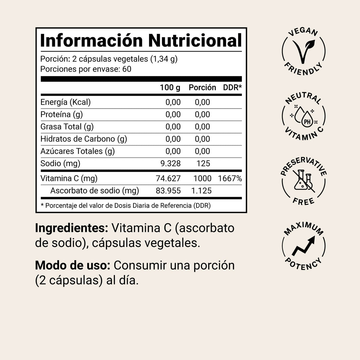 Información nutricional, ingredientes y modo de uso de Vitamina C 1000 mg no ácida Native Choice