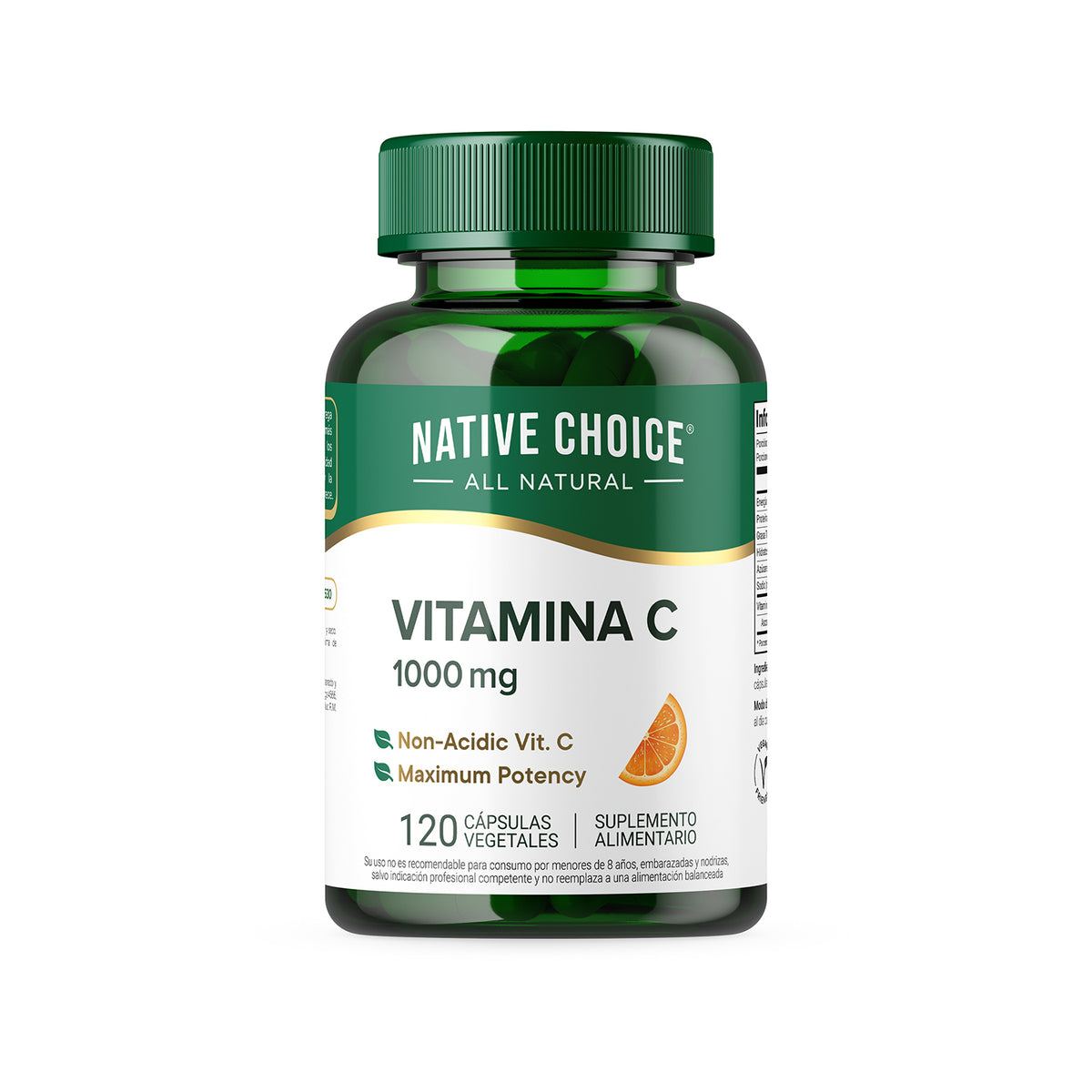 Frasco de Vitamina C 1000 mg no ácida Native Choice, 120 cápsulas vegetales, vista frontal.