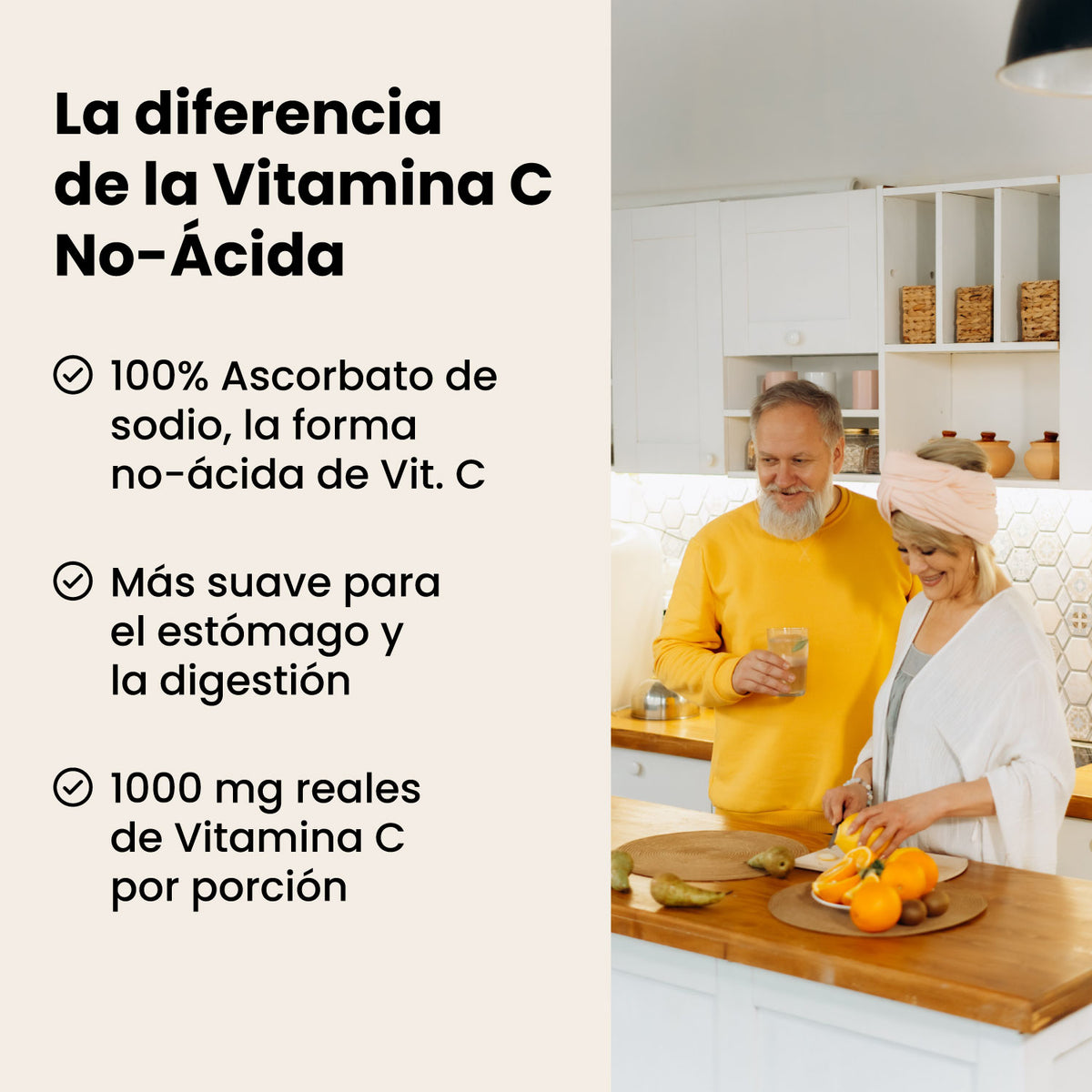 Beneficios de la Vitamina C no ácida Native Choice: ascorbato de sodio, suave para el estómago y 1000 mg por porción.