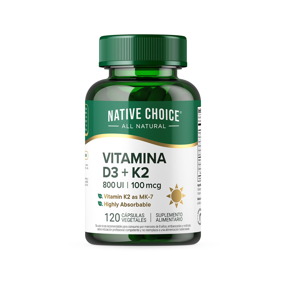 Vitamina D3 + K2 Native Choice, 800 UI de D3 y 100 mcg de K2 MK-7, frasco de 120 cápsulas vegetales.